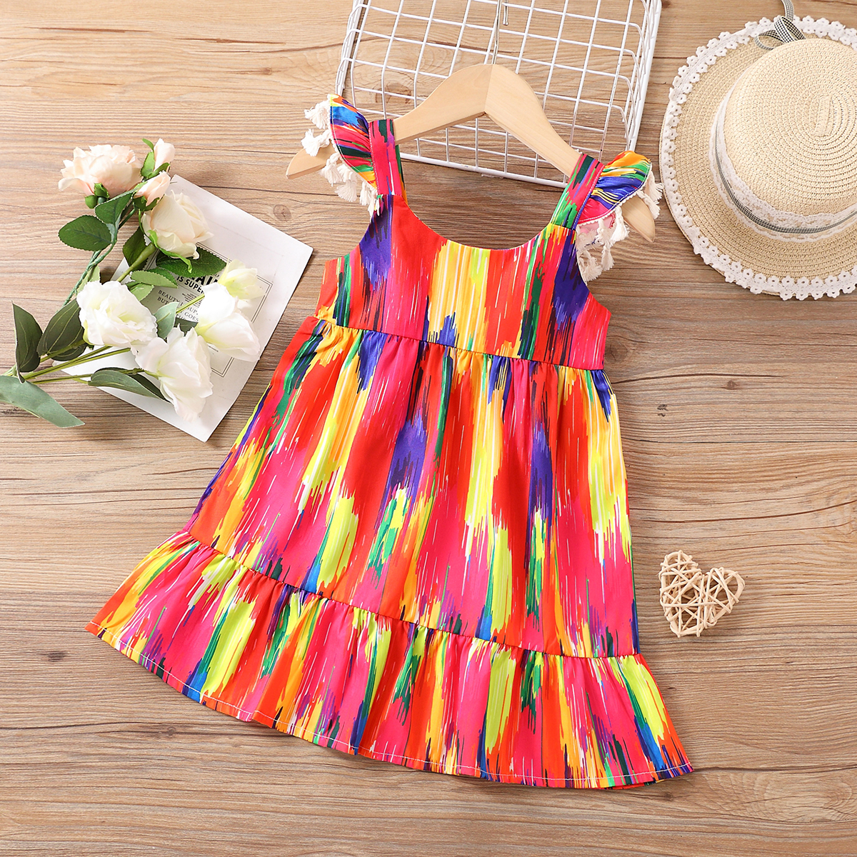 

Toddler Girl Rainbow Color Tassel Design Strap Dress