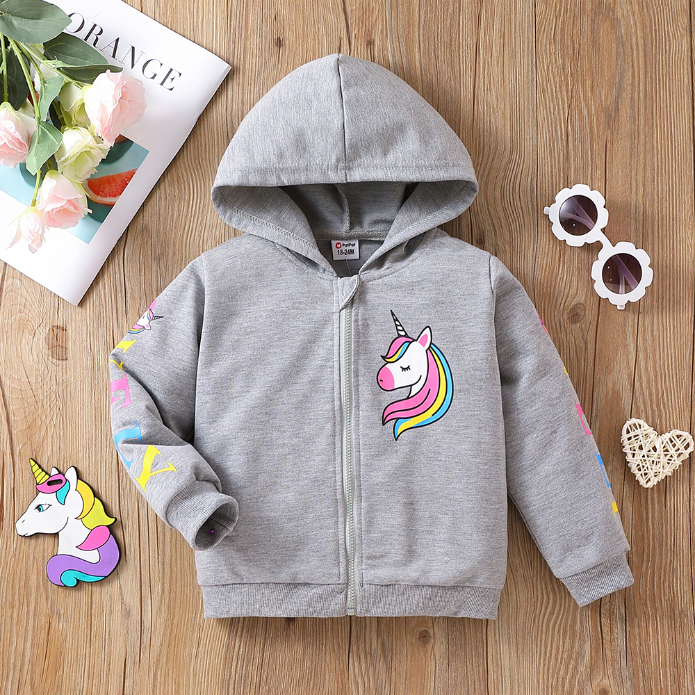 

Toddler Girl Letter Unicorn Print Zipper Cotton Hooded Jacket