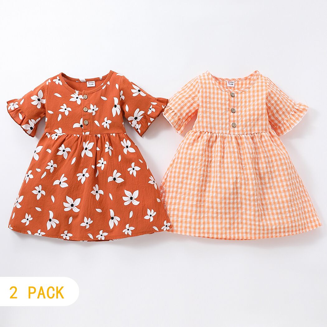 

2-Pack Toddler Girl 100% Cotton Floral Print/Plaid Button Design Ruffled Short-sleeve Dress