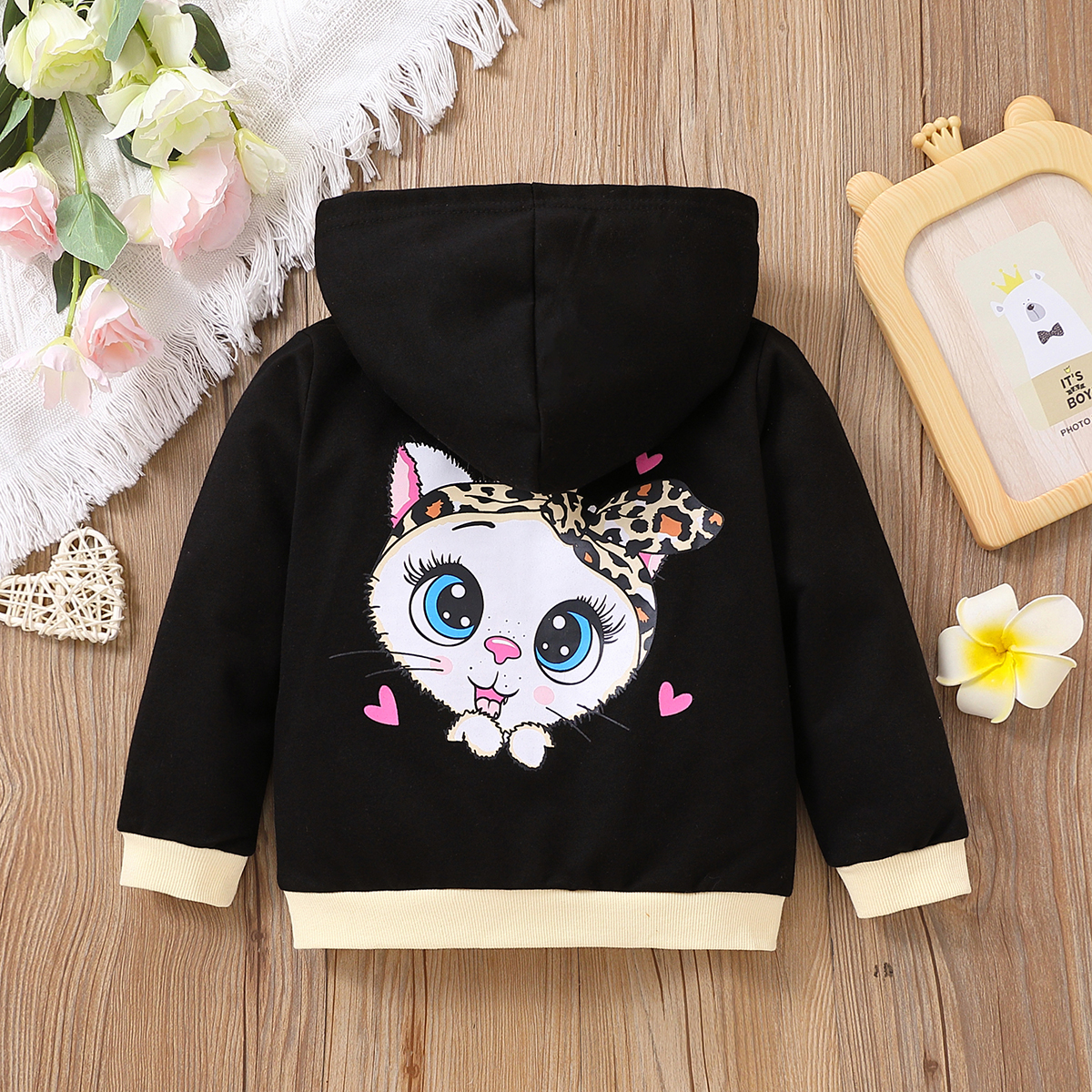 

Toddler Girl Letter Animal Cat Print Zipper Design Hooded Sweatshirt Jacket