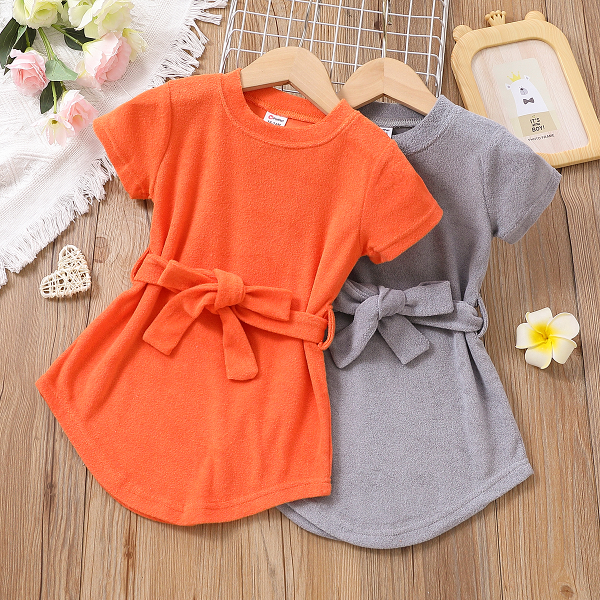

Toddler Girl Solid Color Belted Terrycloth Short-sleeve Dress