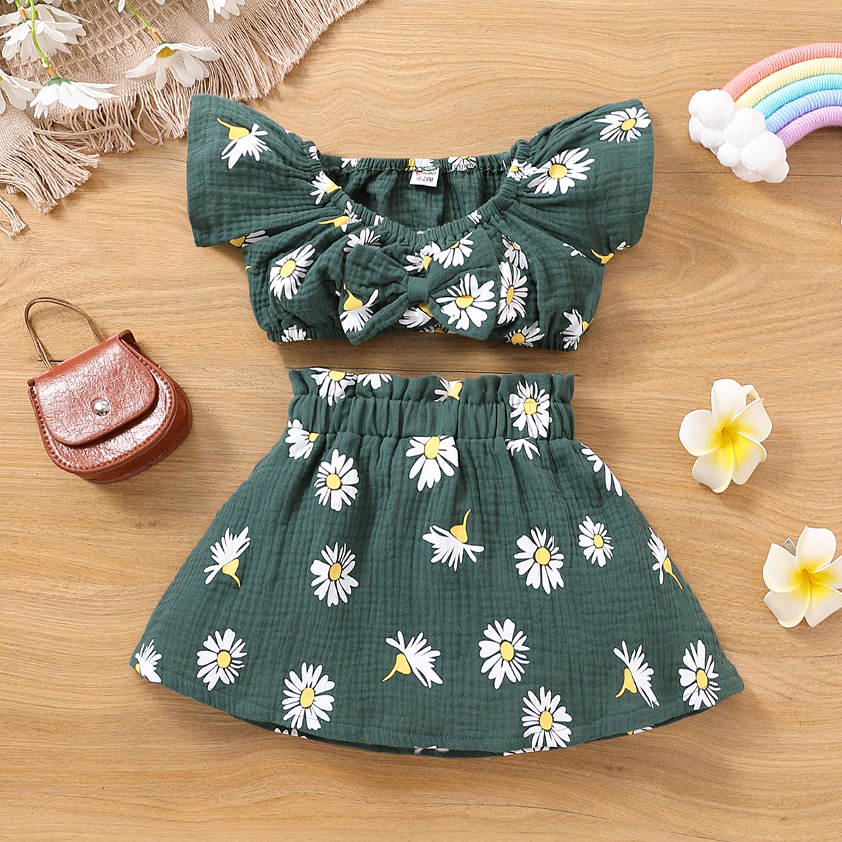 

2pcs Toddler Girl 100% Cotton Floral Print Bowknot Design Short-sleeve Crop Tee and Skirt Set