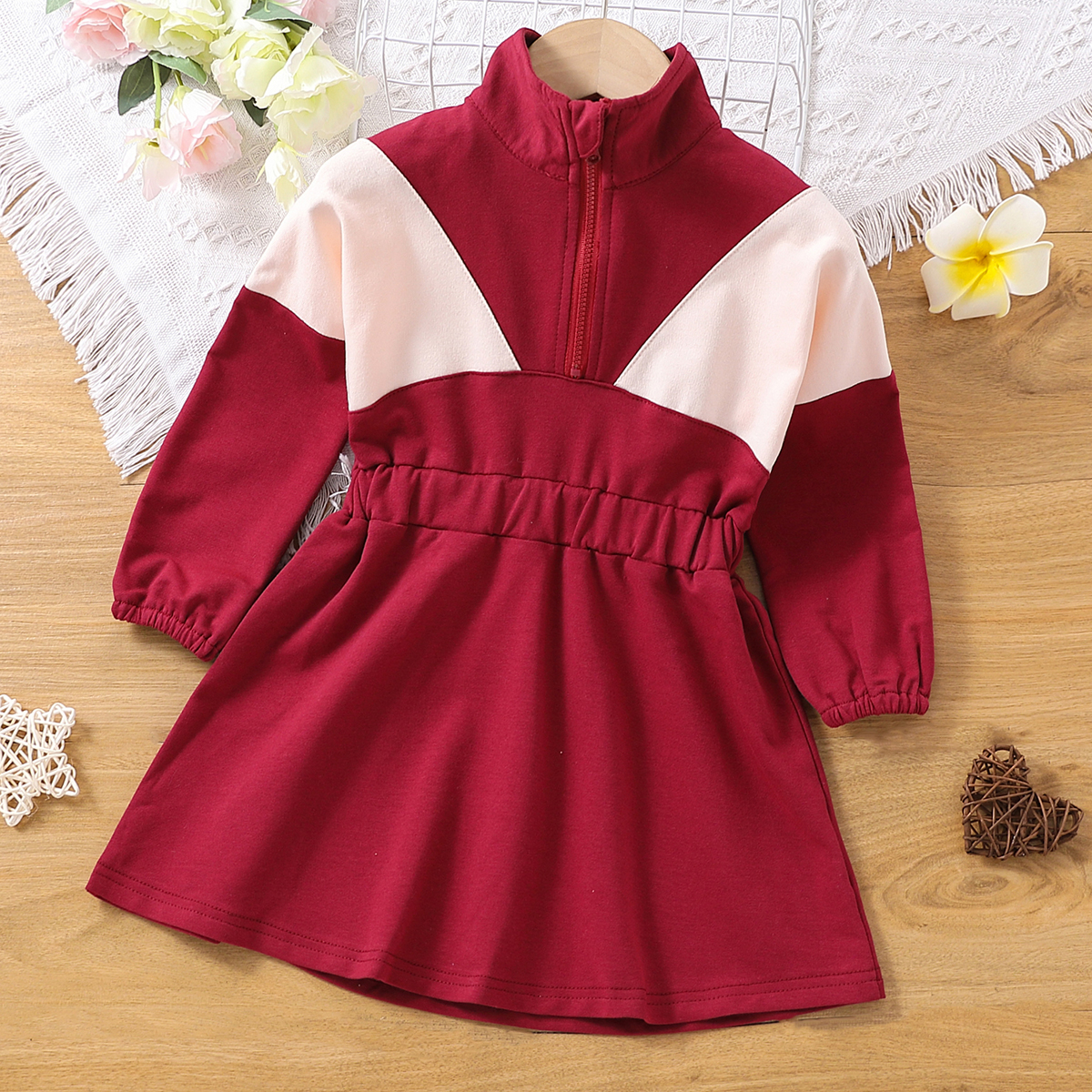 

Toddler Girl Colorblock Stand Collar Zipper Design Waist Long-sleeve Dress