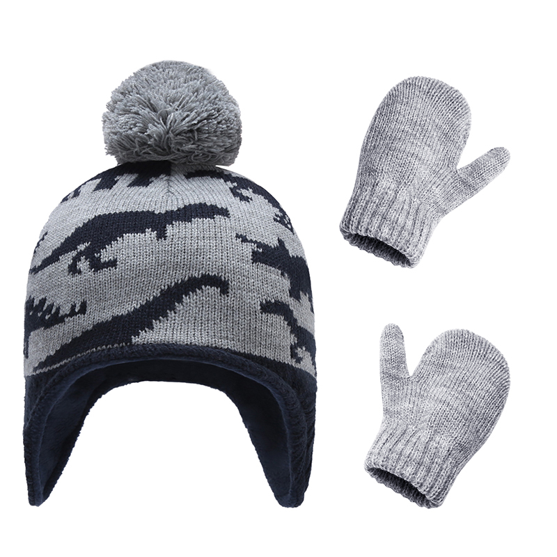 

2-piece Baby Dinosaur Pompon Knit Hat with gloves