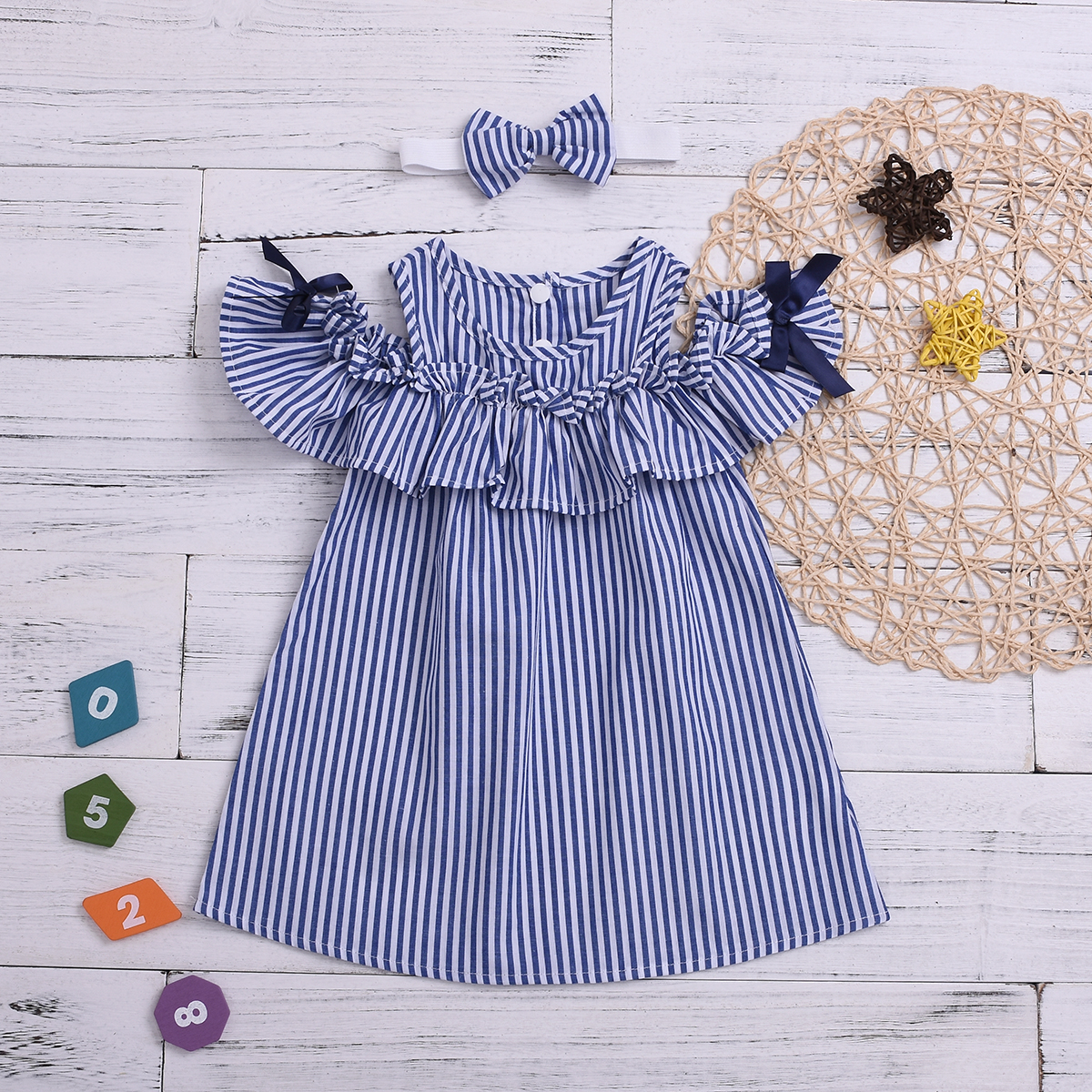 

Baby/ Toddler Girl's Striped Cold Shoulder Dress and Bow Headband