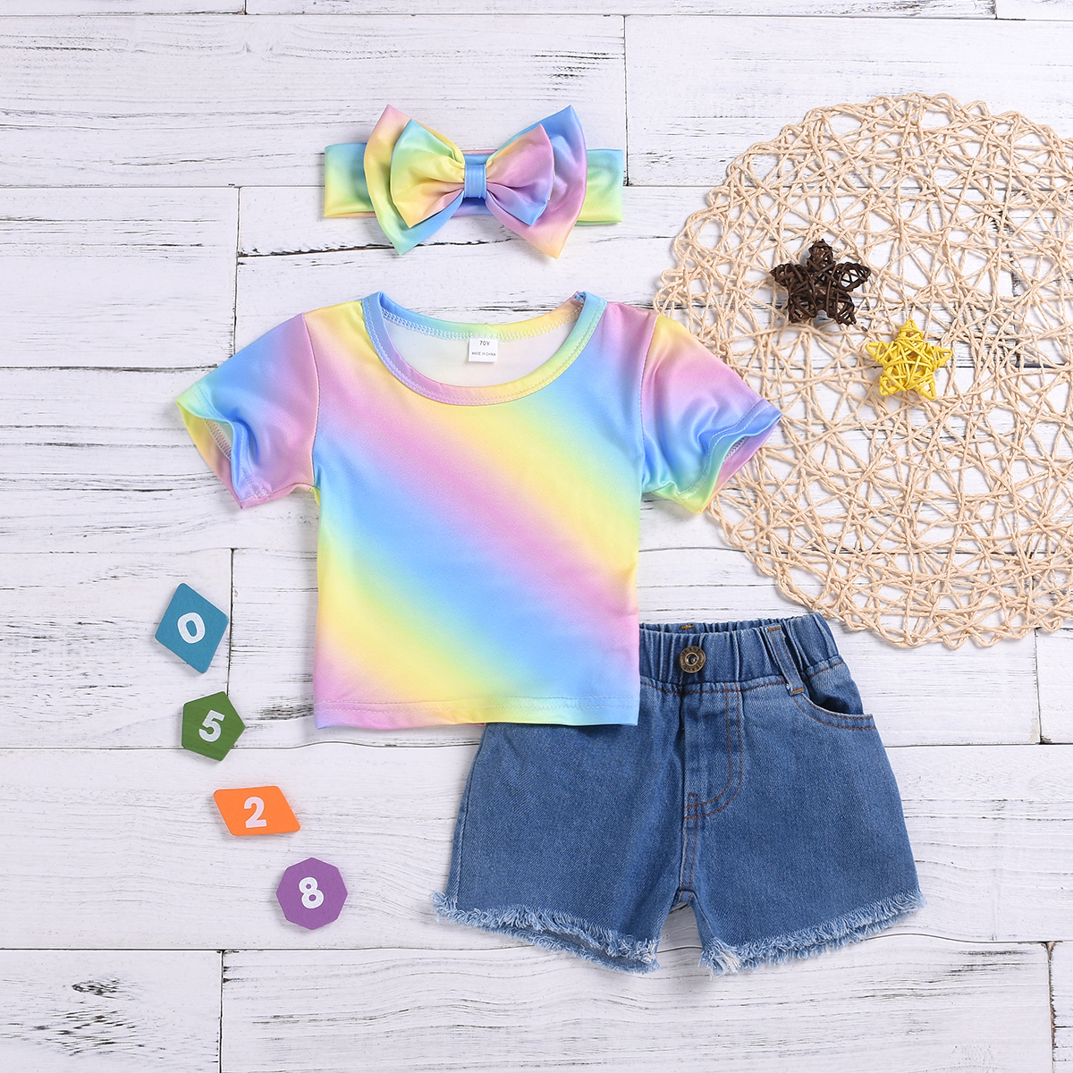 

Baby / Toddler Rainbow Print Tee, Denim Shorts and Bow Headband Set