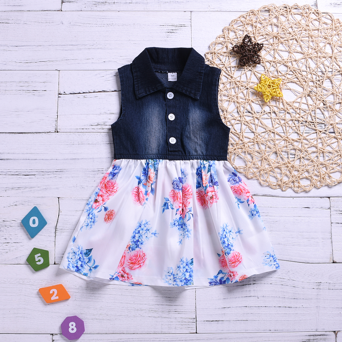 

Baby/ Toddler Girl's Floral Print Denim Splice Dress