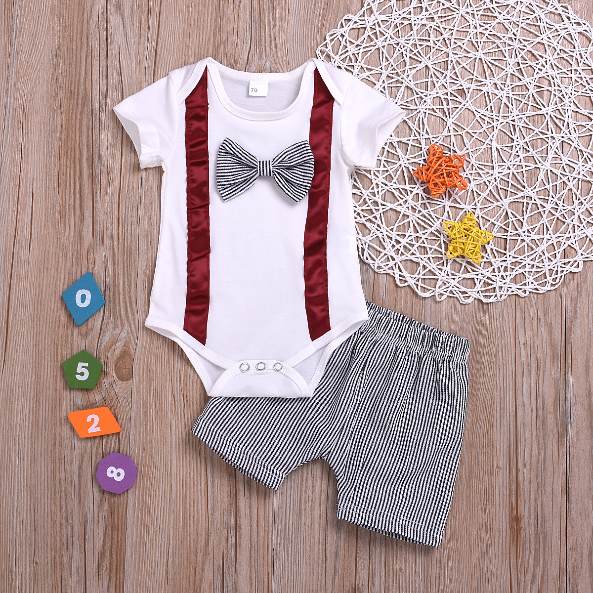 

Baby Boy Gentlemanly style Bow Tie Bodysuit and Striped Shorts Set
