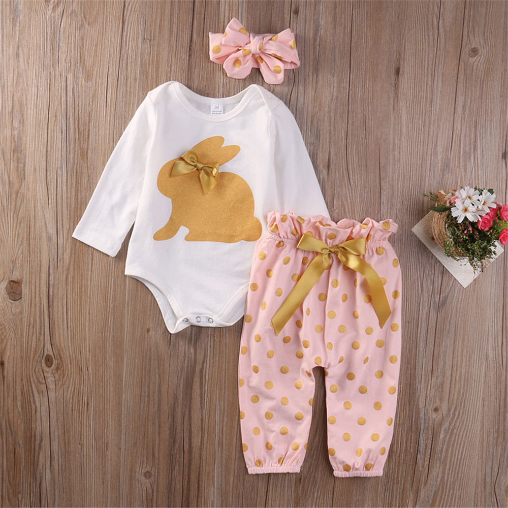 

3-piece Baby Cute Rabbit Print Bowknot Decor Bodysuit and Polka Dots Pants with Headband Set