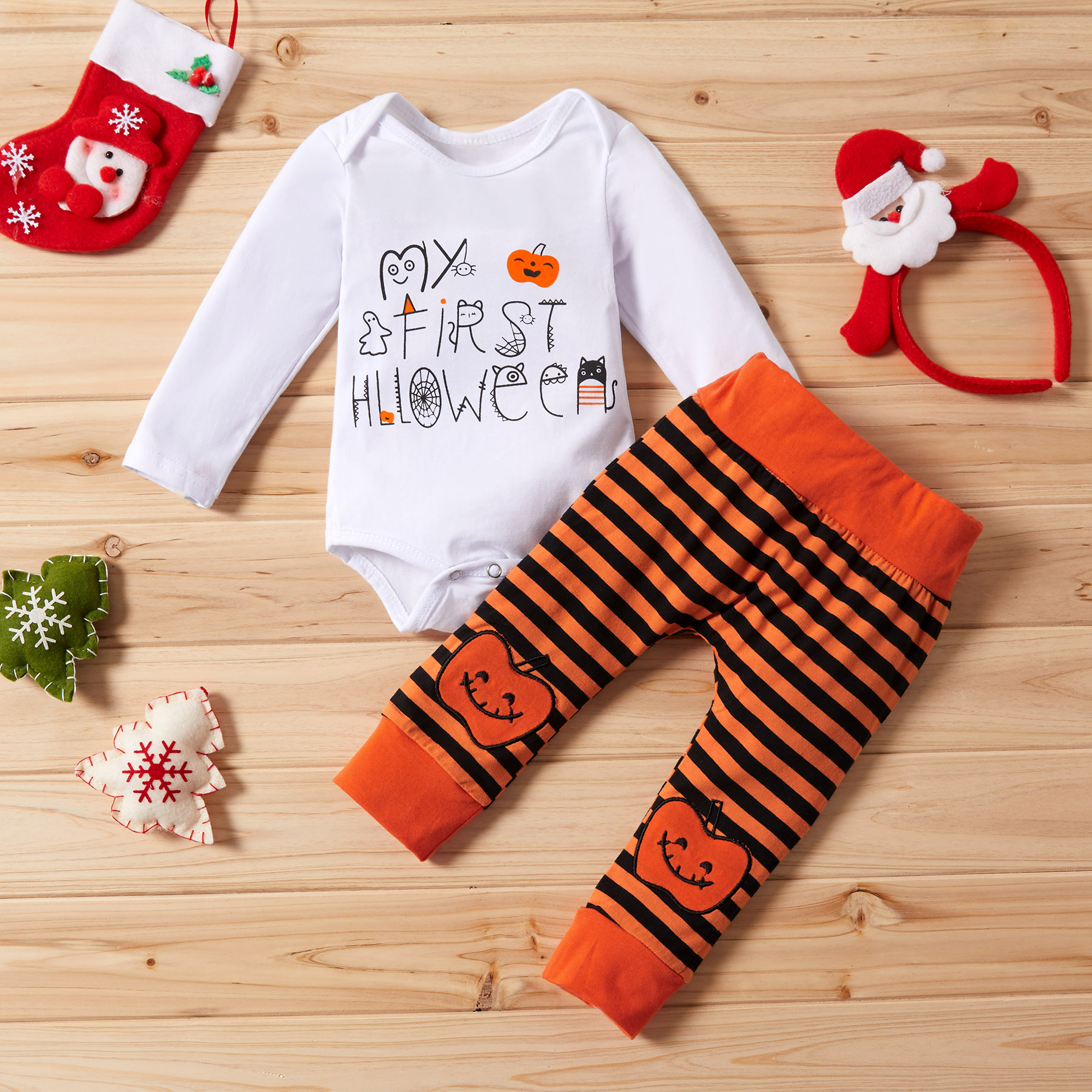 

Baby / Toddler Halloween Letter Print Long-sleeve Bodysuit and Striped Pumpkin Pants Set