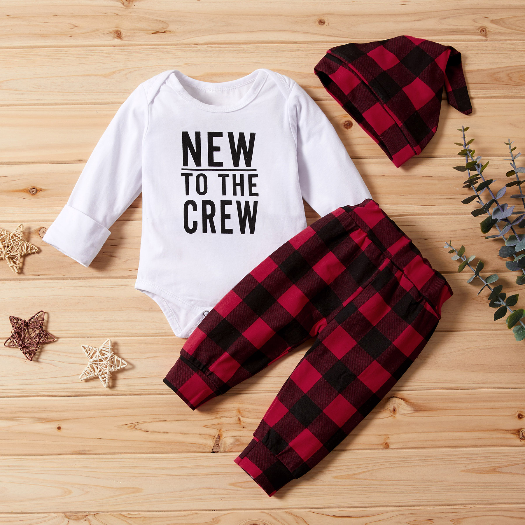 

3-piece Baby / Toddler NEW TO THE CREW Print Bodysuit and Plaid Pants with Hat Set