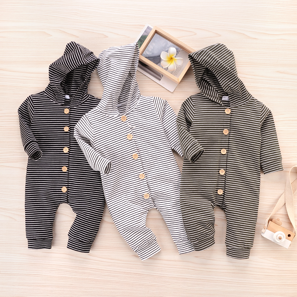 

Baby Striped Button Hooded Jumpsuit