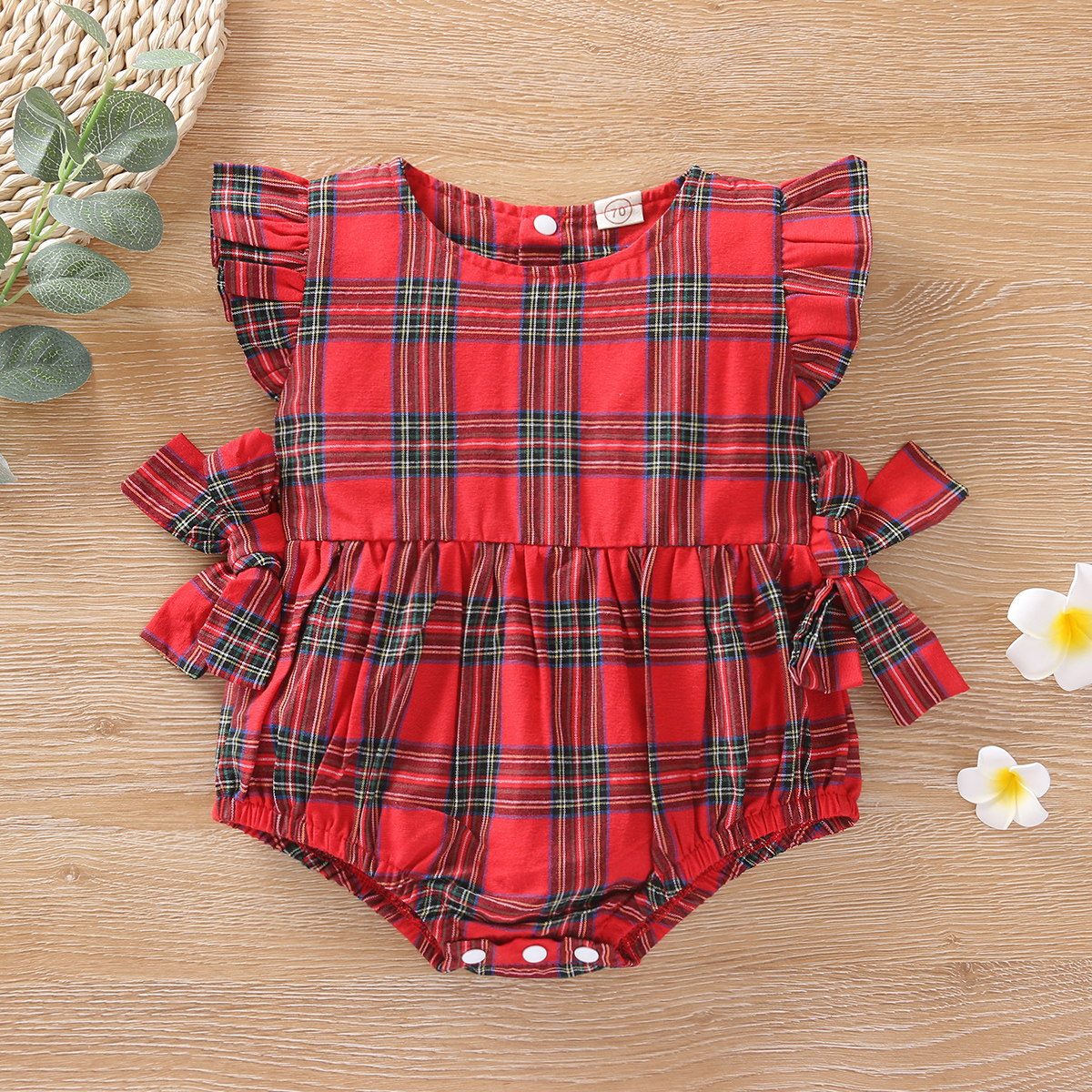 

Baby Plaid Bowknot Flutter-sleeve Romper