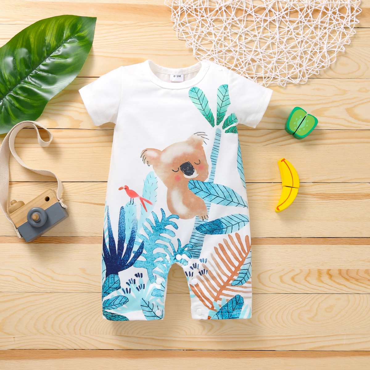 

Koala Print Short-sleeve White Baby Jumpsuit