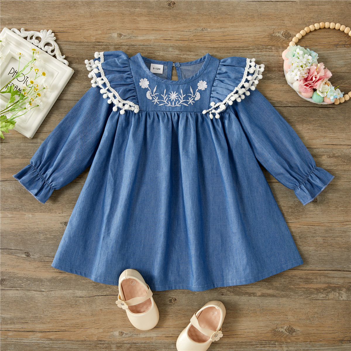 

Solid Blue Denim Embroidered Long-sleeve Baby Dress