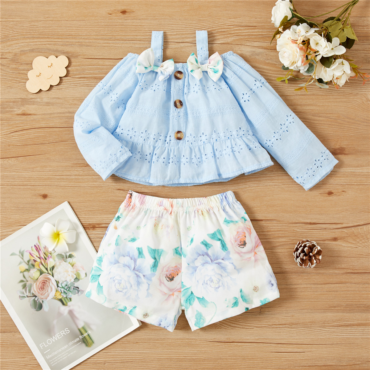 

Baby 2pcs Blue Hollow Out Cold Shoulder Long-sleeve Top and Floral Shorts Set