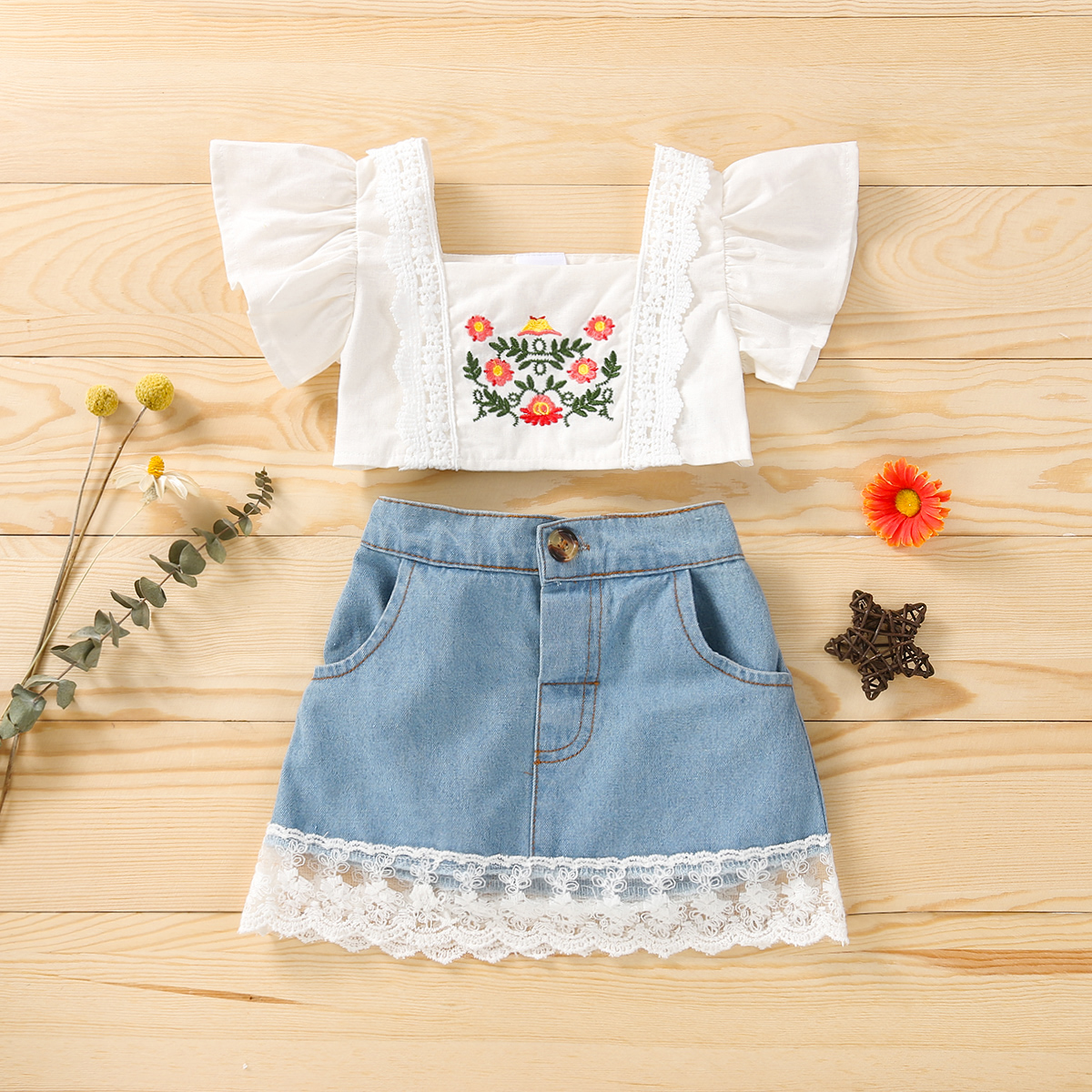 

Baby 2pcs Embroidered Ruffle-sleeve Lace Crop Top and Denim Mini Skirt Set