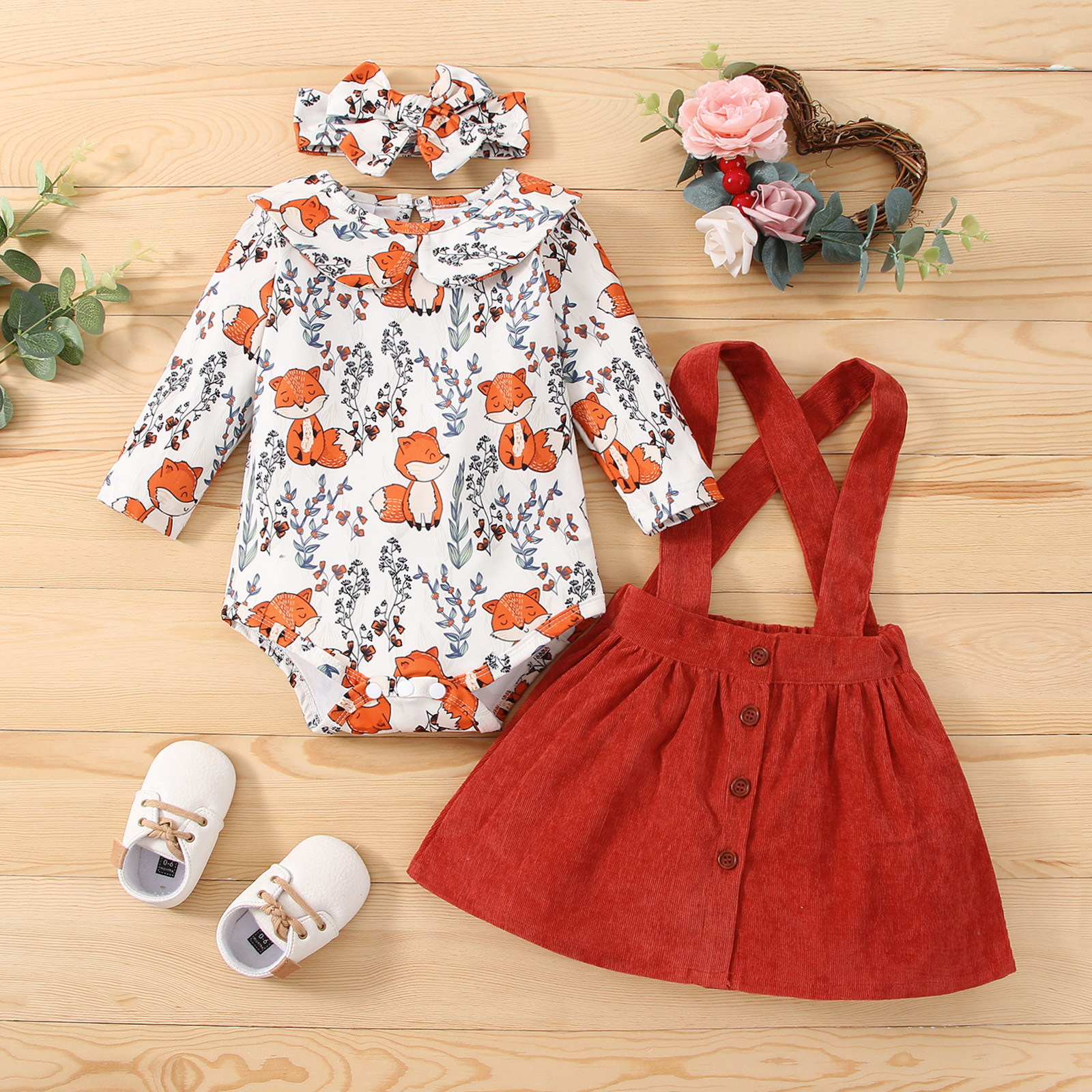 

3-piece Baby Girl Floral Fox Print Doll Collar Long-sleeve Romper, Button Design Suspender Skirt and Headband Set