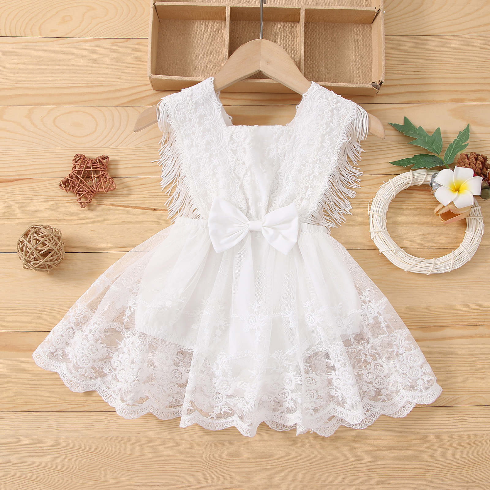 

Baby Girl White Sleeveless Tassel Bowknot Lace Mesh Romper Party Dress