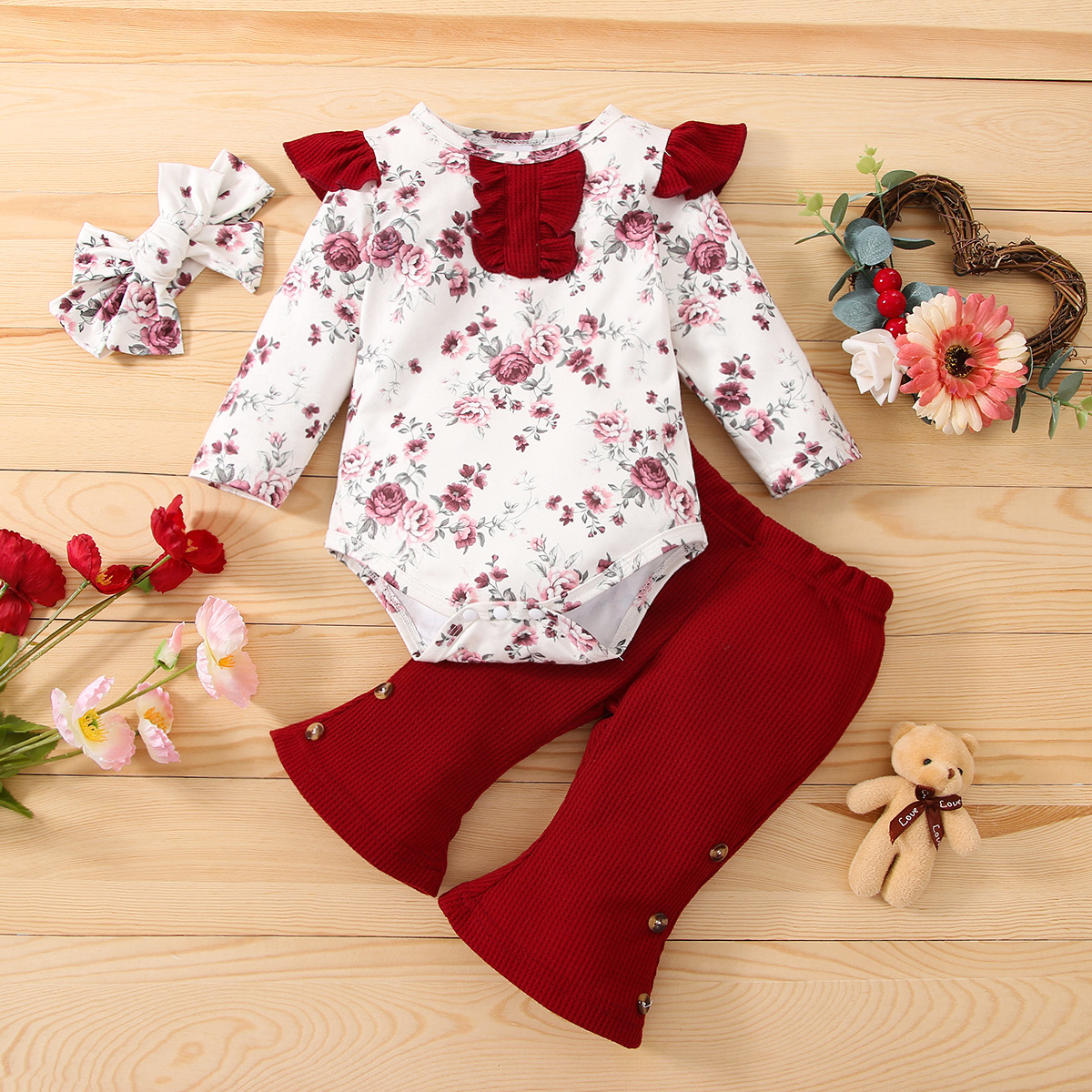 

3pcs Baby Girl Floral Print Long-sleeve Romper and Solid Ribbed Bell Bottom Pants Set