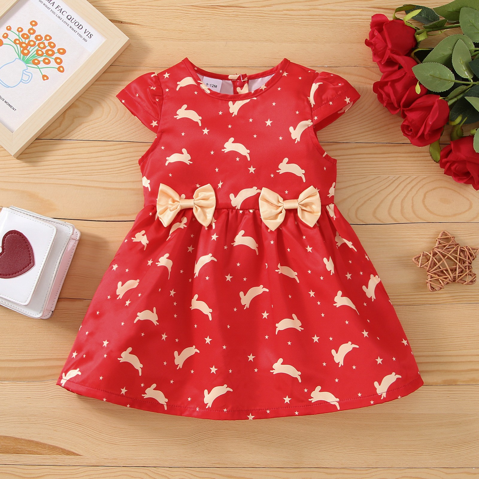 

Easter Baby Girl All Over Rabbit Print Red Cap Sleeve Bowknot Dress