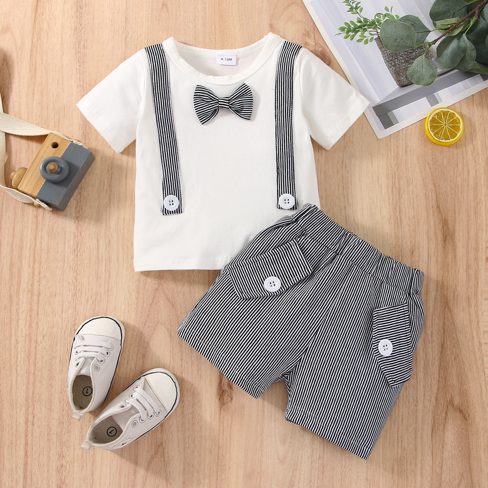 

2pcs Baby Boy Cotton Short-sleeve Gentleman Bow Tie Tee and Pinstriped Shorts Set