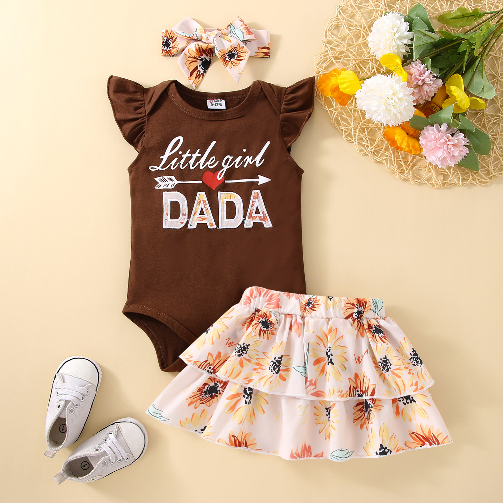 

3pcs Baby Girl Letter Embroidered Flutter-sleeve Romper and Floral Print Layered Skirt with Headband Set