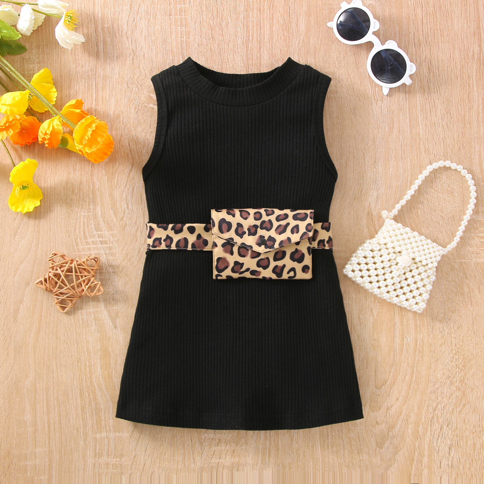 

2pcs Baby Girl 95% Cotton Rib Knit Tank Dress with Leopard Print Waist Bag Set