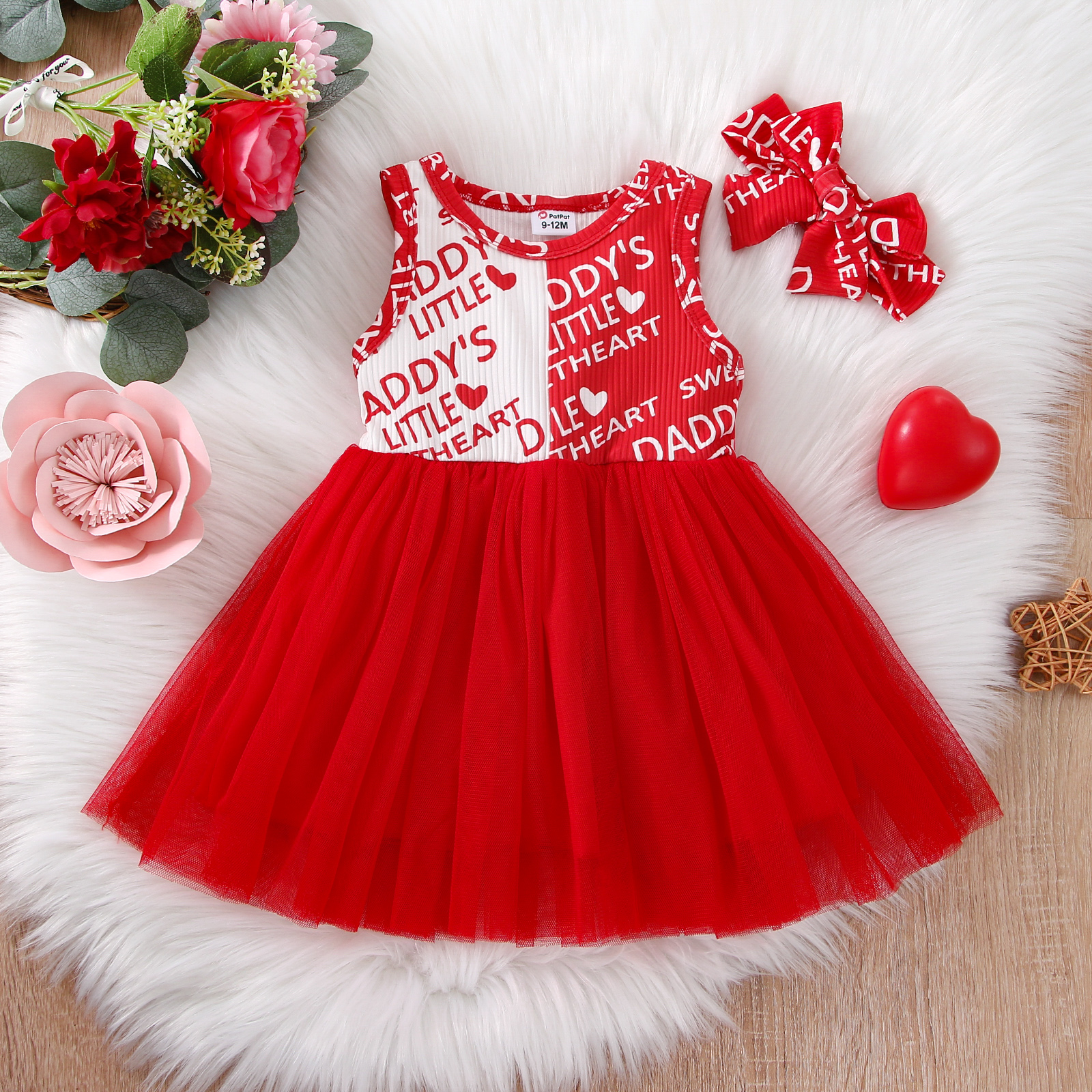 

2pcs Baby Girl Sleeveless Letter Print Ribbed Splicing Mesh Dress with Headband Set