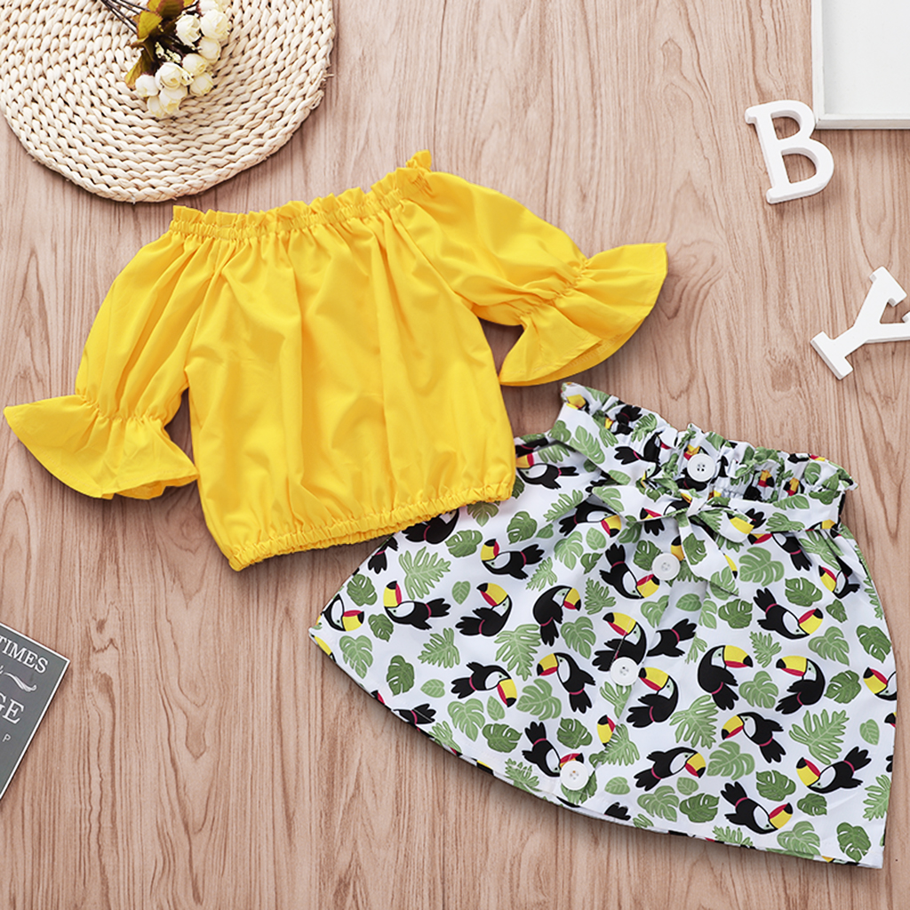 

Ruffle-sleeve Solid Top and Bird Print Skirt Set