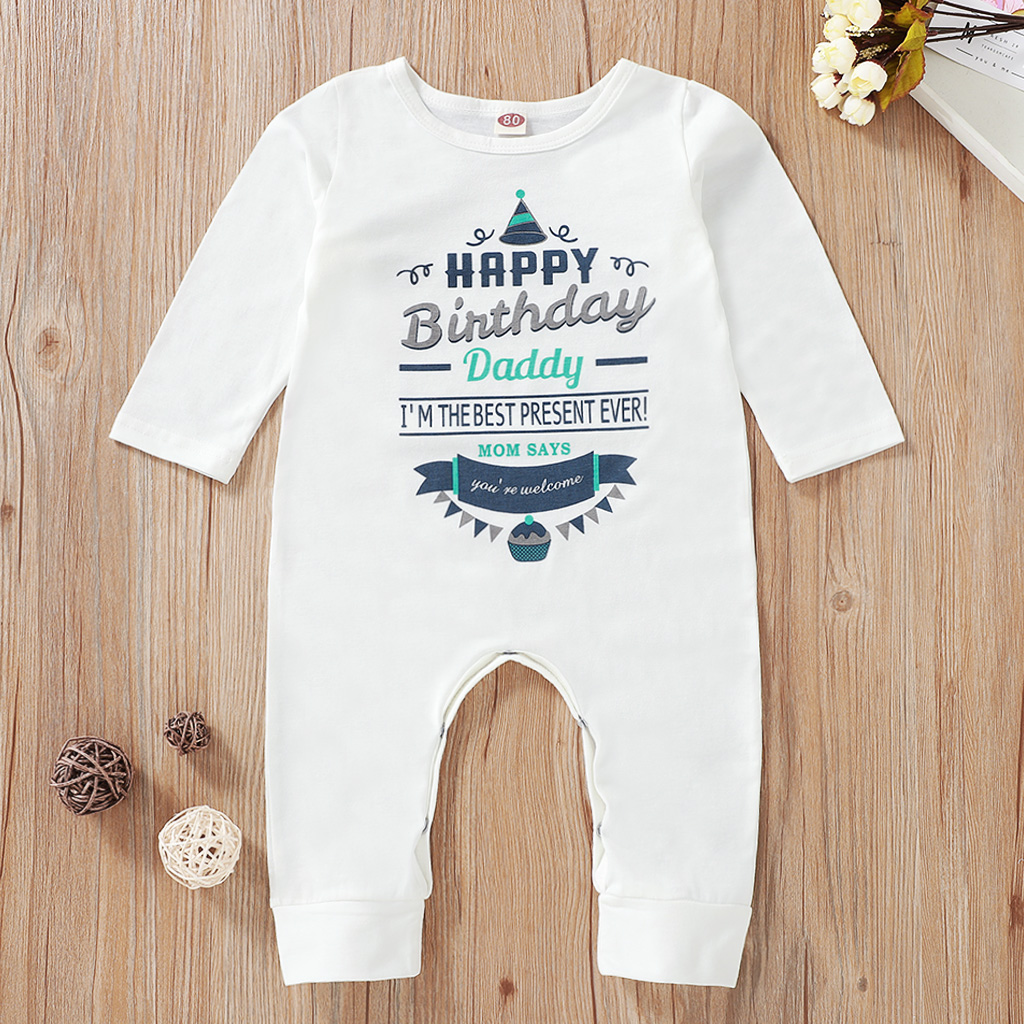 

100% Cotton Happy Birthday Letter Print White Baby Jumpsuit