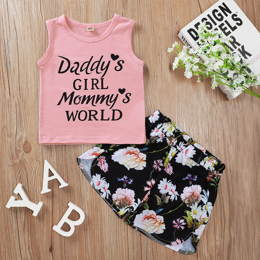 

2-piece Baby / Toddler Girl Letter Print Tank and Floral Shorts Set