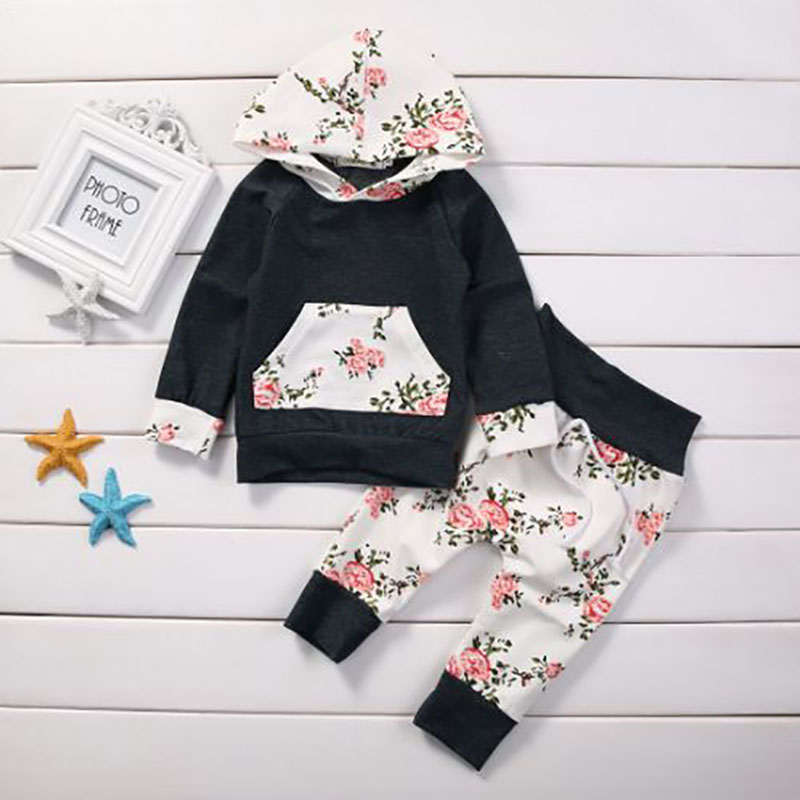 

2-piece Comfortable Floral Hooded Top and Pants Set for Baby Girl