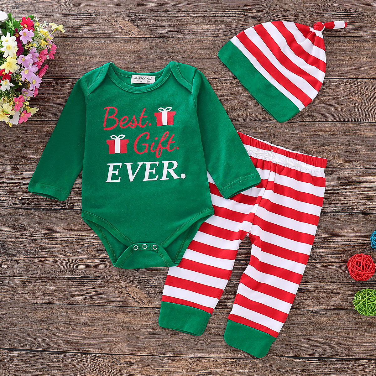 

Pretty Letter Printed Bodysuit, Striped Pants and Hat Set for Baby