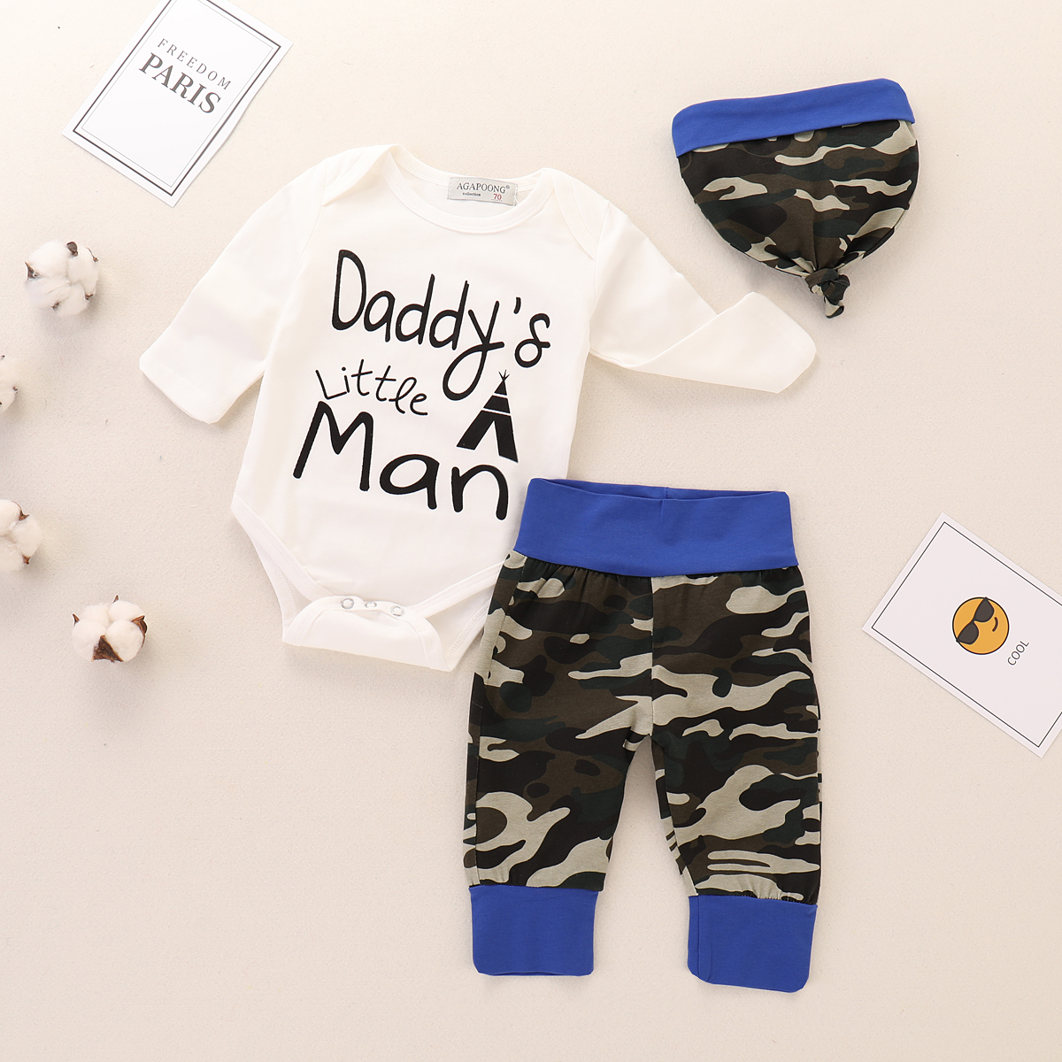 

Trendy Letter Printed Bodysuit, Camouflage Pants and Hat Set for Baby
