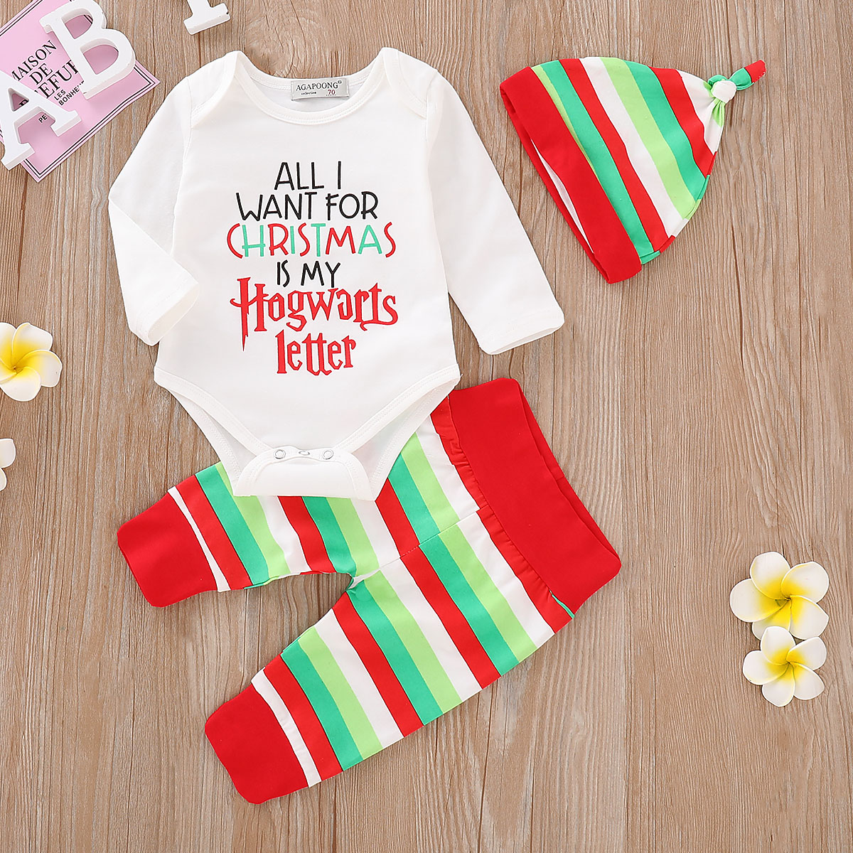

Festive Christmas Letter Printed Bodysuit, Striped Pants and Hat Set for Baby