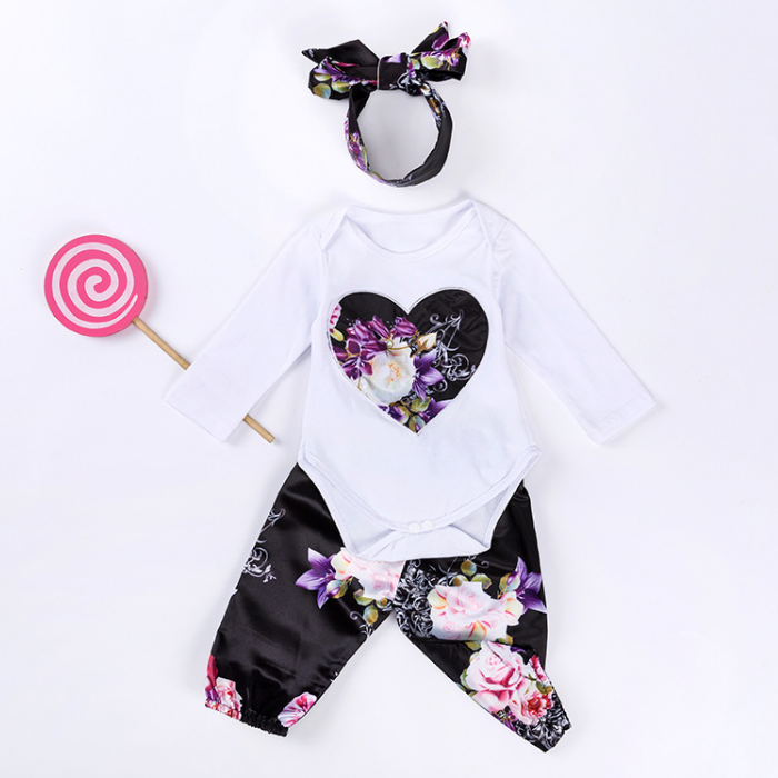 

3-piece Long-sleeve Bodysuit and Floral Pants Set for Baby Girl