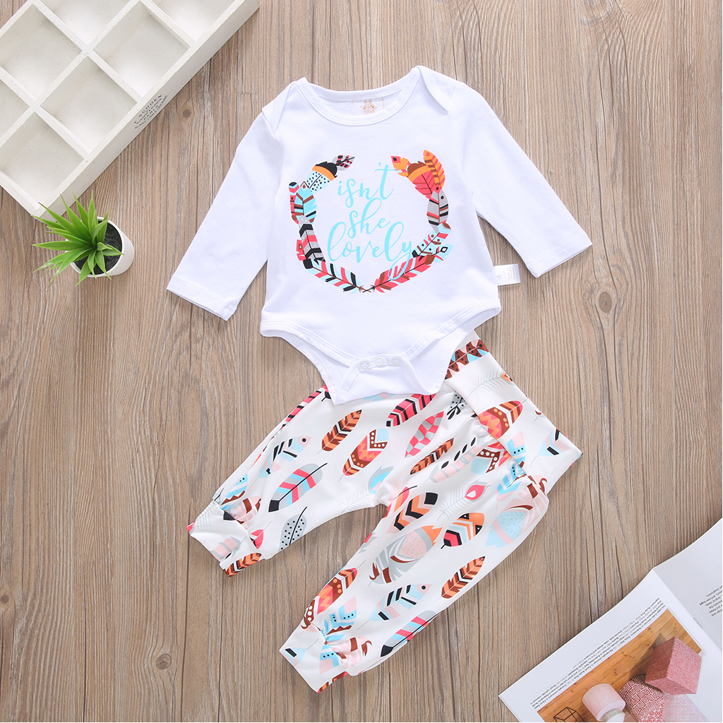 

Colorful Feather Print Bodysuit and Pants Set for Baby