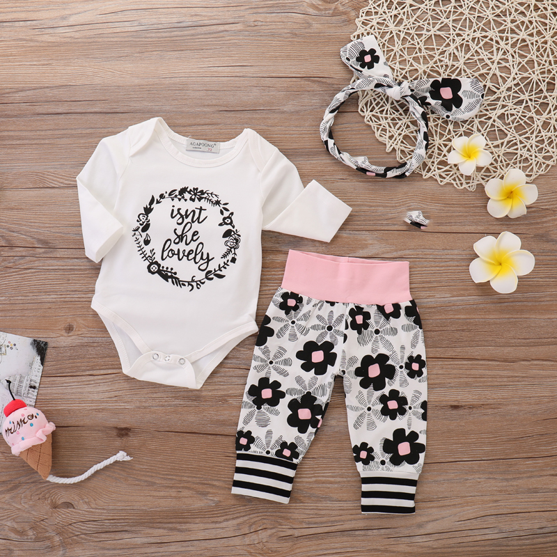 

Beautiful Garland Printed Bodysuit, Floral Pants and Headband Set for Baby