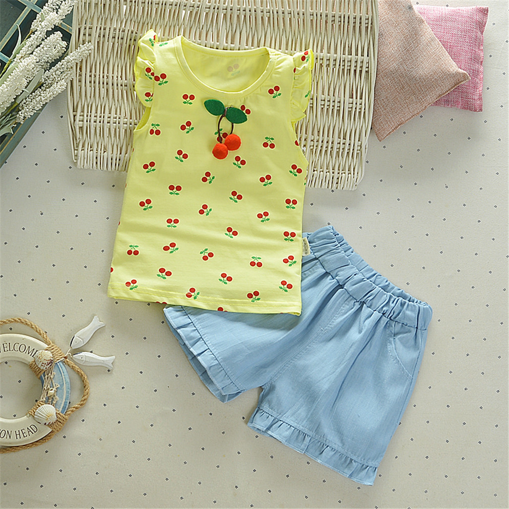 

Baby / Toddler Girl Cherry Decor Ruffle-sleeve Top and Shorts Set