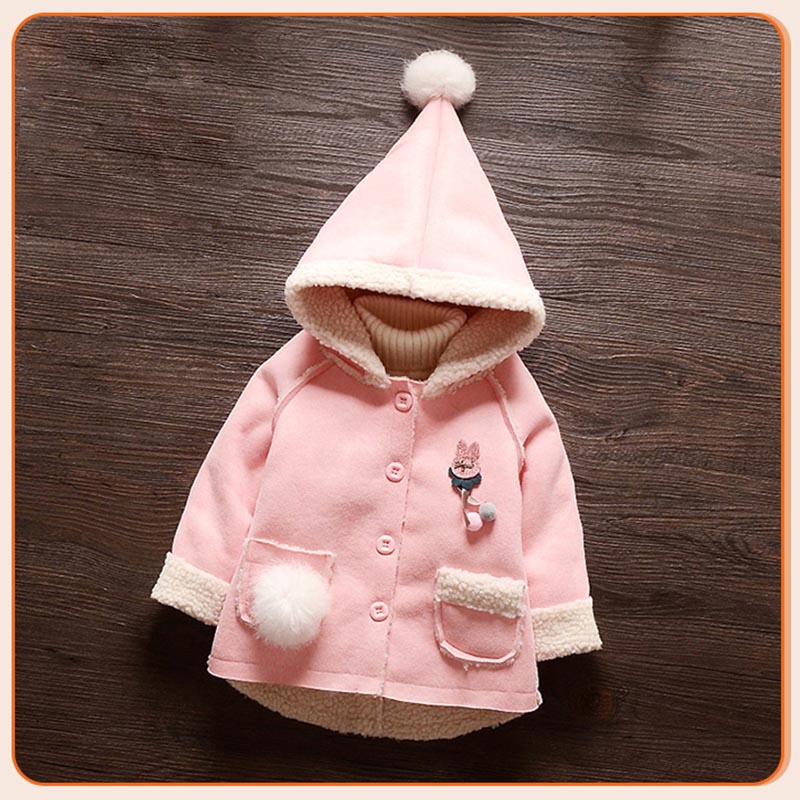 

Baby / Toddler Pompon Decor Solid Hooded Coat