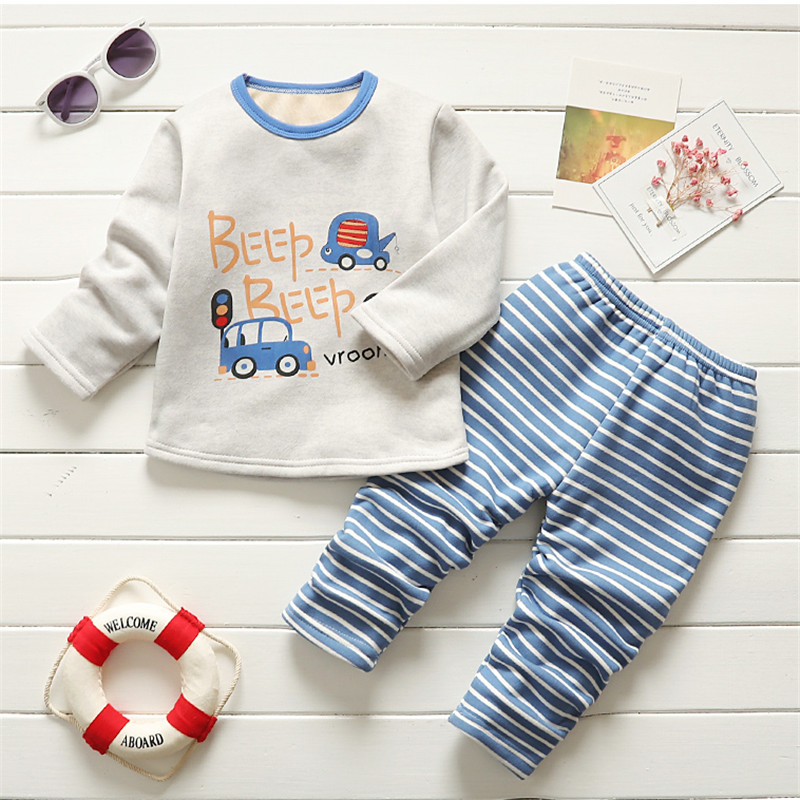

Baby / Toddler Cartoon Car Print Long-sleeve Top and Striped Pants Set