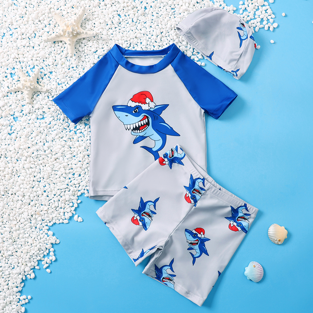 

3-piece Toddler Boy Christmas Shark Print Tee, Shorts and Cap Swimsuit Set