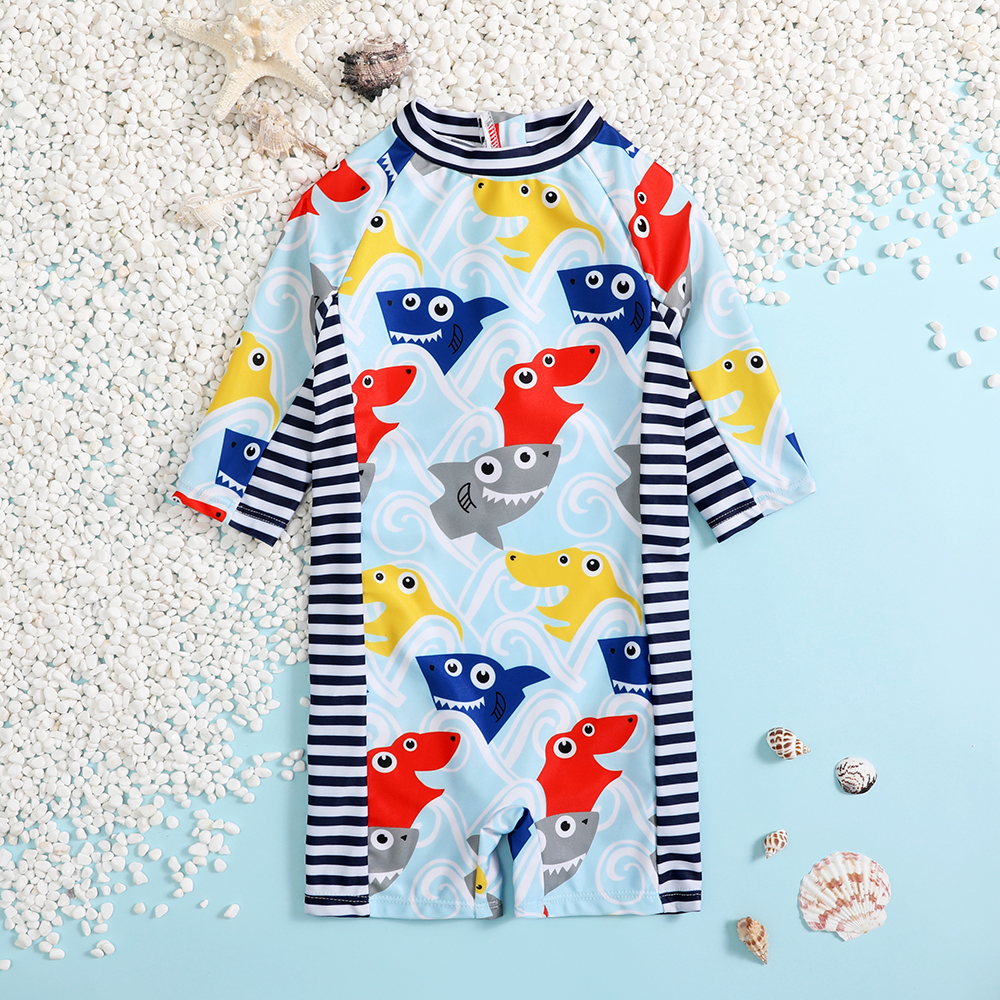 

Toddler Boy Shark Print Striped Long-sleeve One-piece Swimsuit
