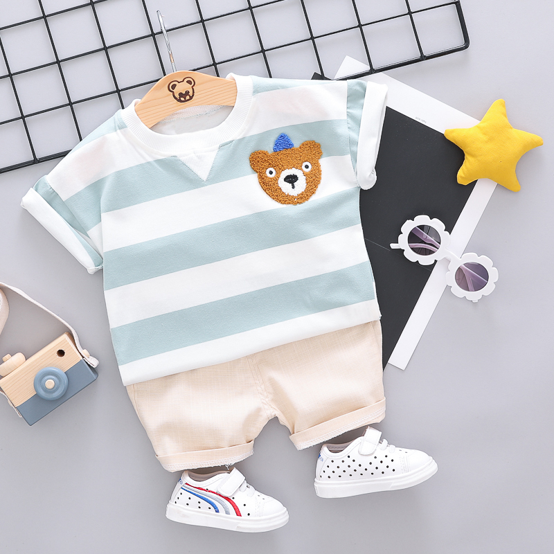 

Baby / Toddler Summer Bear Embroidery Striped Tee and Solid Shorts Set