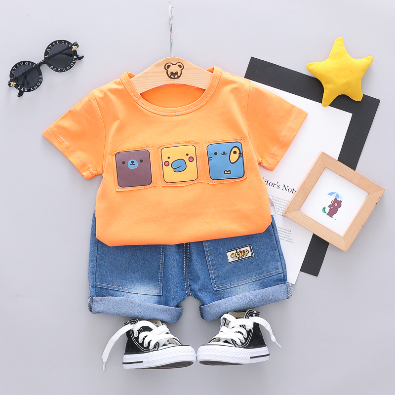 

Baby / Toddler Lovely Cartoon Block Applique Tee and Denim Shorts Set