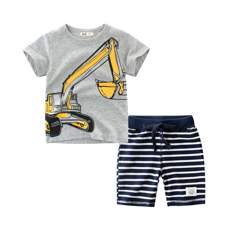 

Stylish Excavator Print Short-sleeve Tee and Striped Shorts Set for Toddler Boy and Boy