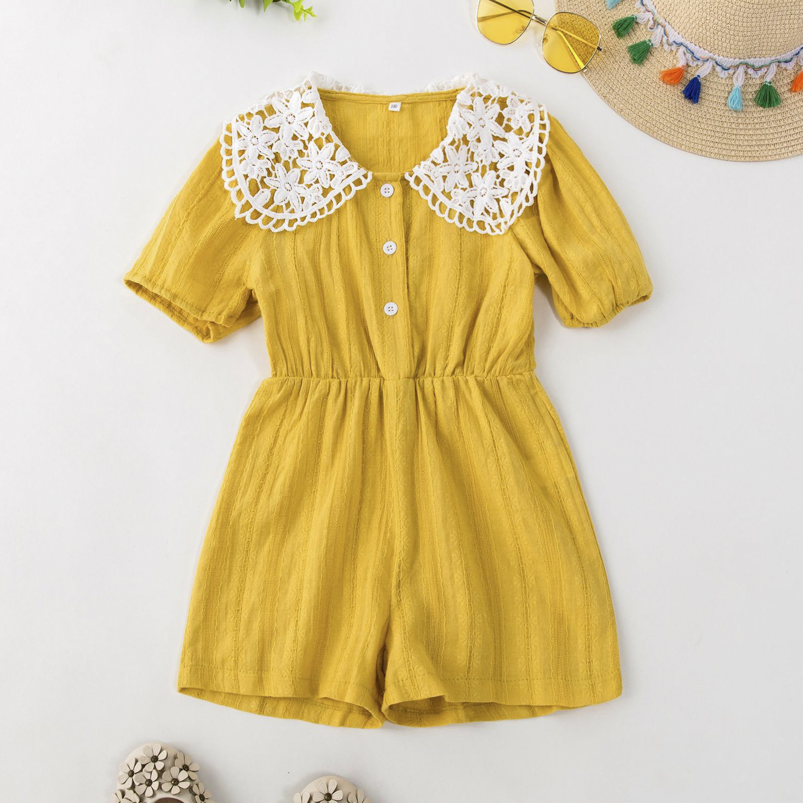 

Toddler Girl 100% Cotton Lace Doll Collar Button Design Short-sleeve Yellow Romper