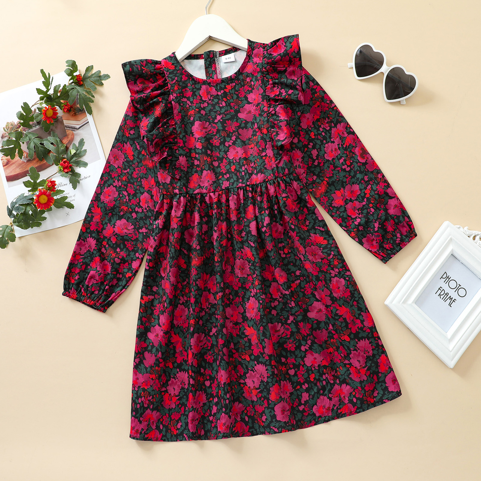 

Kid Girl Ruffle Floral Print Zipper Long-sleeve Dress