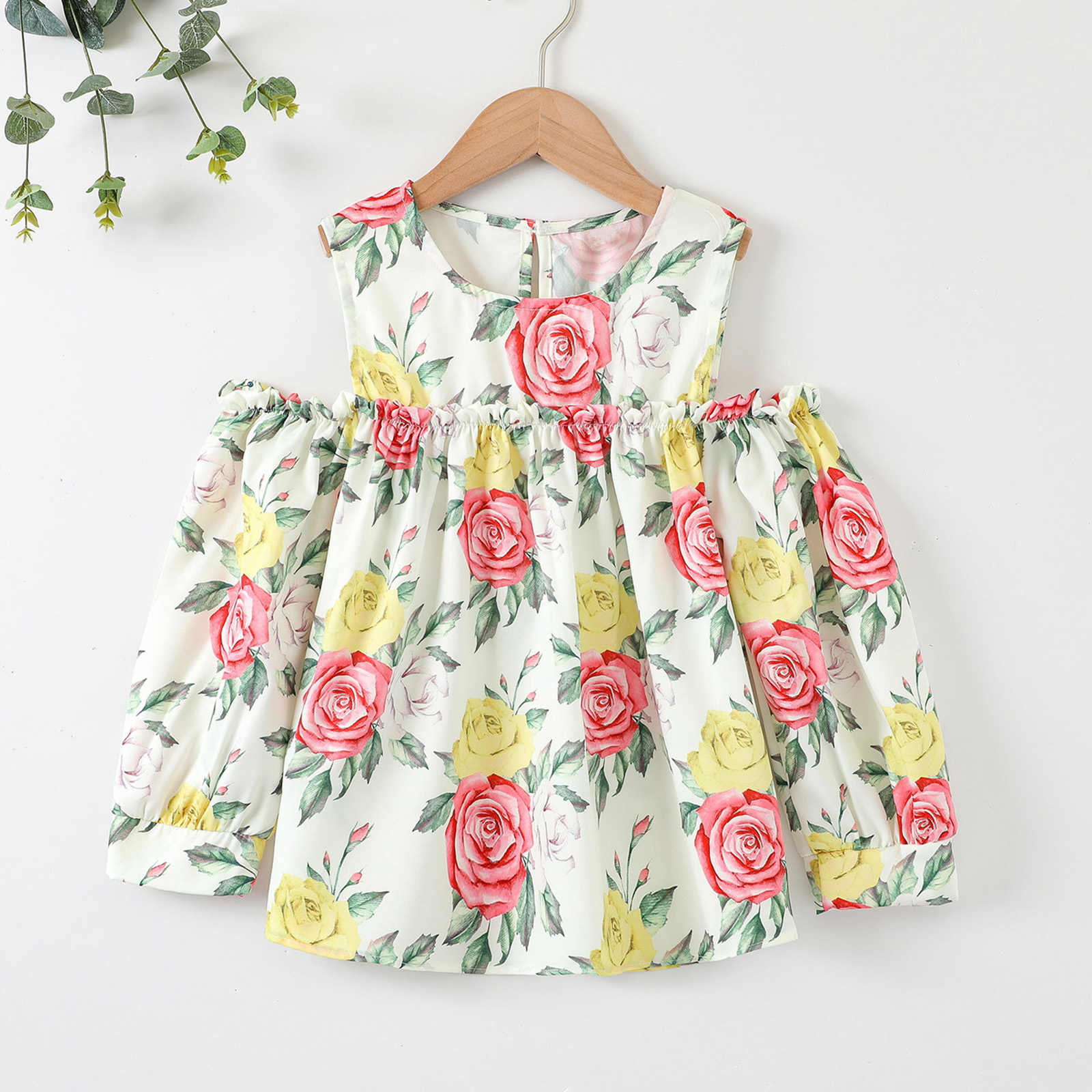 

Kid Girl Ruffle Cold Shoulder Floral Print Blouse